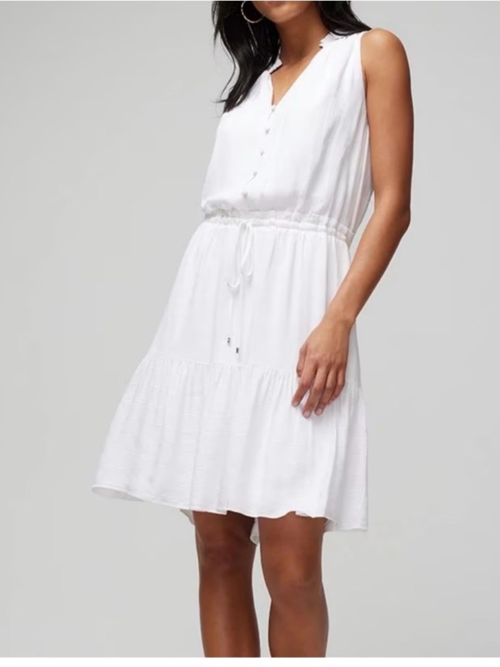 WHBM Sleeveless White Tiered Drawstring Waist Dress